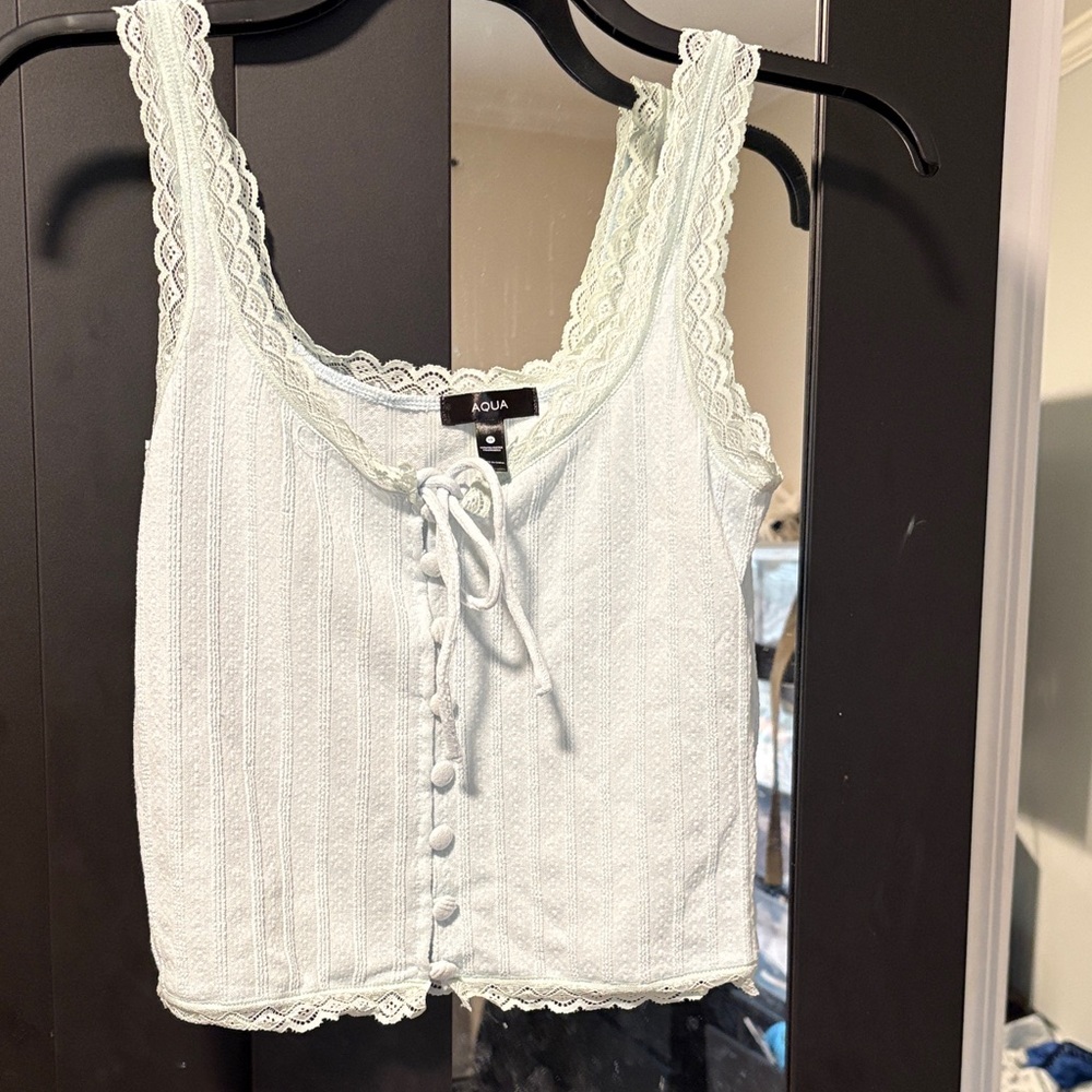 Bloomingdales from the brand -Aqua Lace Trim Button-Down Crop Top - Light Blue